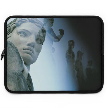 Stadius of the Marbles laptop sleeve - Classical marble athlete sculpture within modern stadium architecture in blue-gray double exposure on protective neoprene computer case